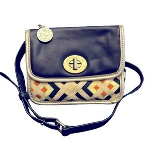Spartina 449 Harbor Light Navy Leather and Linen Print Small Crossbody Bag